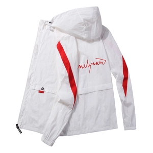 Men's ultra-thin ice silk sun protection jacket with red stripes and back print