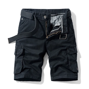 Men's loose cargo shorts in dark blue cotton twill with grey woven canvas belt