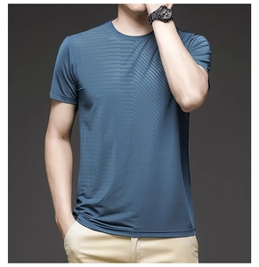 Detailed view of dark blue ice silk T-shirt featuring breathable checkered mesh texture