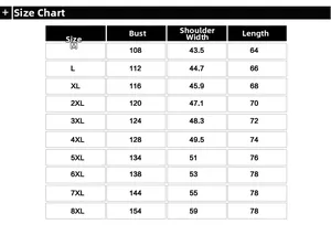 Detailed size chart for multi-pocket tactical vest ranging from size M to 8XL plus size