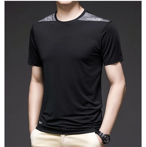 Close-up of black breathable ice silk fabric and grey shoulder stitching on sports t-shirt