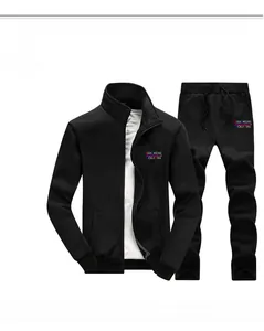 Detail of black athletic tracksuit with zipper jacket and printed sports jogger set