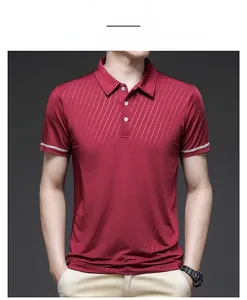 Detail view of burgundy ice silk polo shirt featuring striped texture and buttoned collar