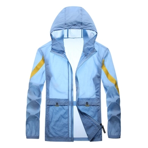 Men's light blue ice silk sun protection jacket with hood and yellow sleeve stripes