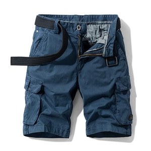 Men's dark blue cargo shorts with multi-pockets, woven belt and stretch twill fabric