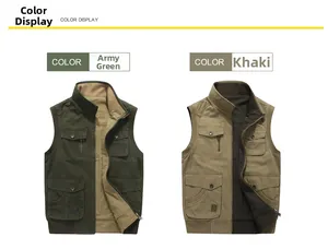 Army green and khaki multi-pocket outdoor utility vests shown in a flat lay view