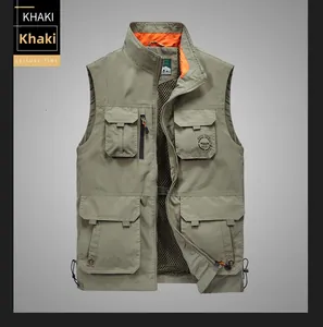 Detail view of khaki utility vest showing breathable mesh lining and adjustable drawstring