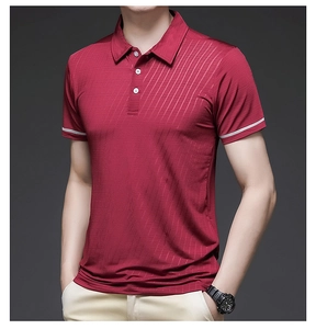 Detail of burgundy ice silk polo shirt with white buttons and stripe on the sleeve