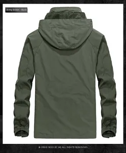 Men's army green hooded windbreaker outdoor jacket with breathable mesh lining back view
