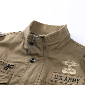 Veste militaire homme en coton kaki avec patchs U.S. ARMY et col montant classique