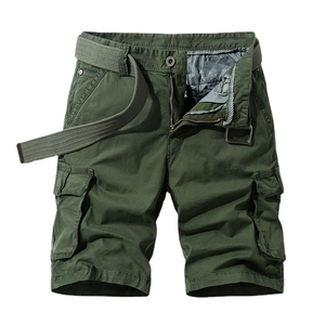 Army green cargo shorts for men with multi-pockets and woven belt on white background