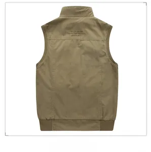 Detailed back view of outdoor khaki canvas vest with brand embroidery and ribbed hem