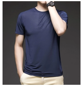 Close-up of dark blue ice silk fabric with micro-mesh texture on a men's t-shirt