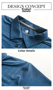 Detail of blue ice silk polo shirt showing the collar, buttons, and shoulder stitching