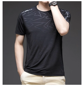 Detail of breathable ice silk fabric with geometric patterns on men's sport T-shirt