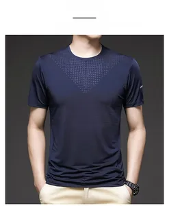 Detailed view of dark blue ice silk T-shirt showing breathable triangle mesh texture