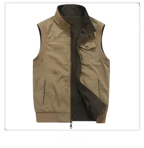 Detail view of the khaki stand collar vest showing front pocket and zip fastening
