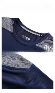 Detail of crew neck and shoulder stitching on navy blue quick-dry ice silk sports t-shirt