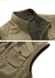 Detail of khaki cargo vest featuring stand collar embroidery and flap pockets with jeep logo
