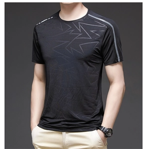 Detail showing the geometric mesh texture and athletic stripes on the black t-shirt