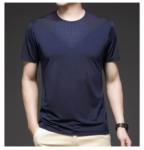 Close-up of dark blue ice silk T-shirt showing breathable fabric and geometric jacquard