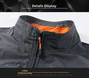 Detail of high-density windproof standing collar with contrast orange lining and zipper