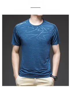 Detail of navy blue ice silk T-shirt featuring breathable mesh fabric and graphic print