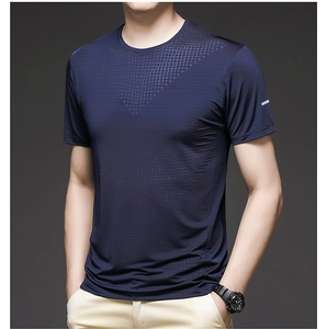 Close-up of men's navy blue ice silk T-shirt with breathable geometric mesh pattern