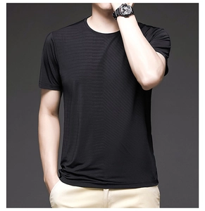 Close-up of black breathable ice silk fabric showing fine horizontal striped texture and collar