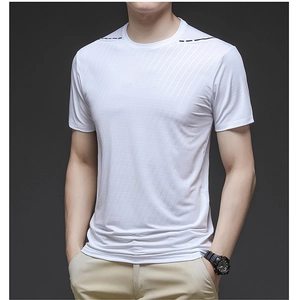 Close-up detail of white quick-dry men's T-shirt with vertical stripes and shoulder stitching