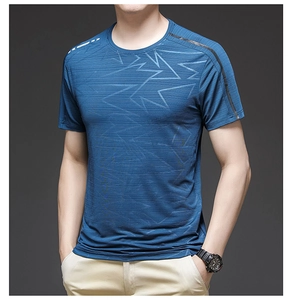 Detail of navy blue ice silk T-shirt featuring hollow mesh and geometric texture
