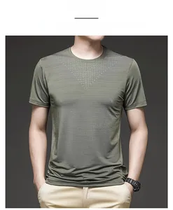 Close-up of olive green ice silk t-shirt fabric showing breathable mesh and fine texture