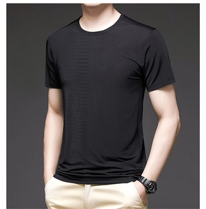 Detail showing the breathable mesh texture and vertical stripes on the black ice silk T-shirt