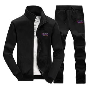 Men's autumn casual black tracksuit with zip jacket and drawstring sports pants