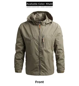 Détail frontal de la veste à capuche kaki pour homme avec fermeture et broderie