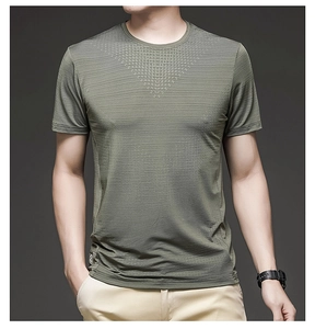 Close-up of olive green ice silk t-shirt featuring breathable dot texture and micro-ribbed fabric