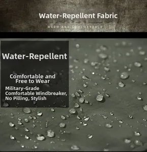 Close-up of waterproof fabric showing water droplets on green outdoor tactical jacket