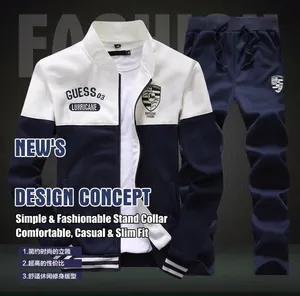 Navy blue men's sportswear set with baseball collar jacket and joggers in two-tone design