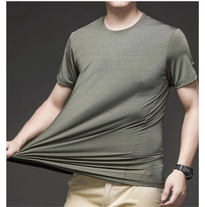 Detail shot showing the high-elasticity army green ice silk fabric of the men's sports T-shirt