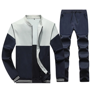Men's two-piece sports tracksuit set with color-block zipper jacket and joggers in grey and navy