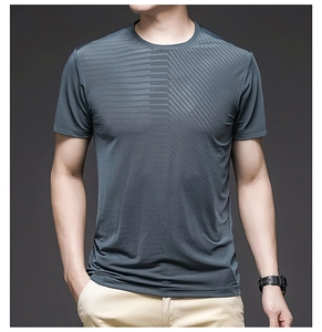 Detail of dark grey quick-dry ice silk fabric with breathable mesh texture on men's T-shirt