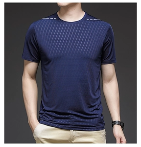 Detail of navy blue ice silk T-shirt showing breathable micro-pore mesh fabric and stripes