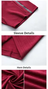Detailed views of the burgundy sports shirt showing sleeve stripes and hem stitching