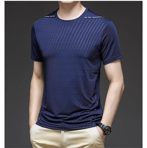 Detail of navy blue ice silk T-shirt showing breathable diagonal texture and shoulder stripes