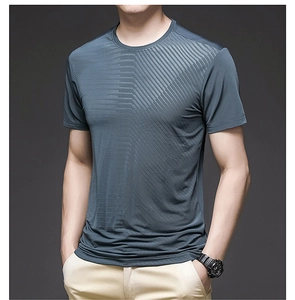 Detail shot of men's quick-dry ice silk T-shirt showing grey-blue breathable mesh fabric