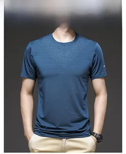 Close-up of sky blue ice silk T-shirt featuring horizontal texture and triangle pattern