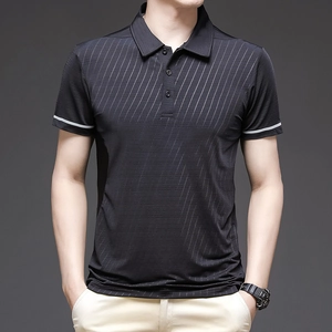 Men's ice silk polo shirt in black with breathable striped texture and white cuff details