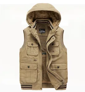 Detail view of khaki workwear vest with warm fleece lining and multi-pocket design