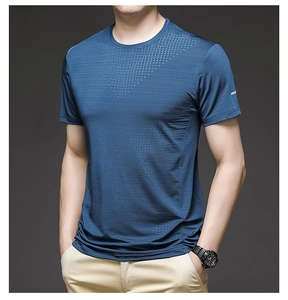 Detail view of navy blue ice silk athletic T-shirt with breathable diamond mesh texture
