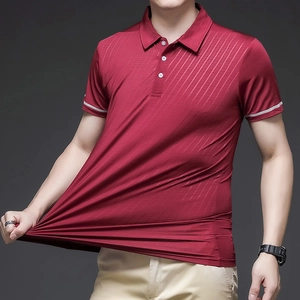 Men's dark red ice silk polo shirt featuring high stretch fabric and white striped cuffs